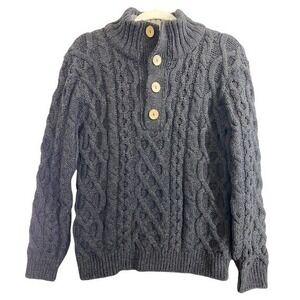 Peregrine Mens SM Black Cable Knit Wool Button Mock Neck Sweater Made in UK‎